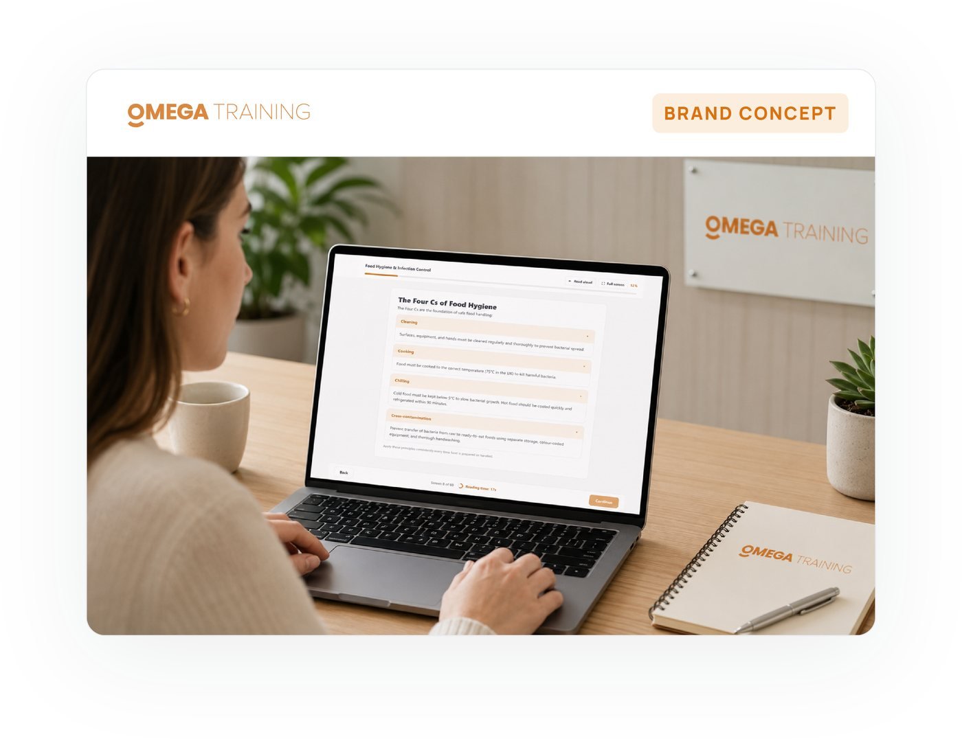 The Omega Training platform in use, showing a learner working through a course on a laptop.