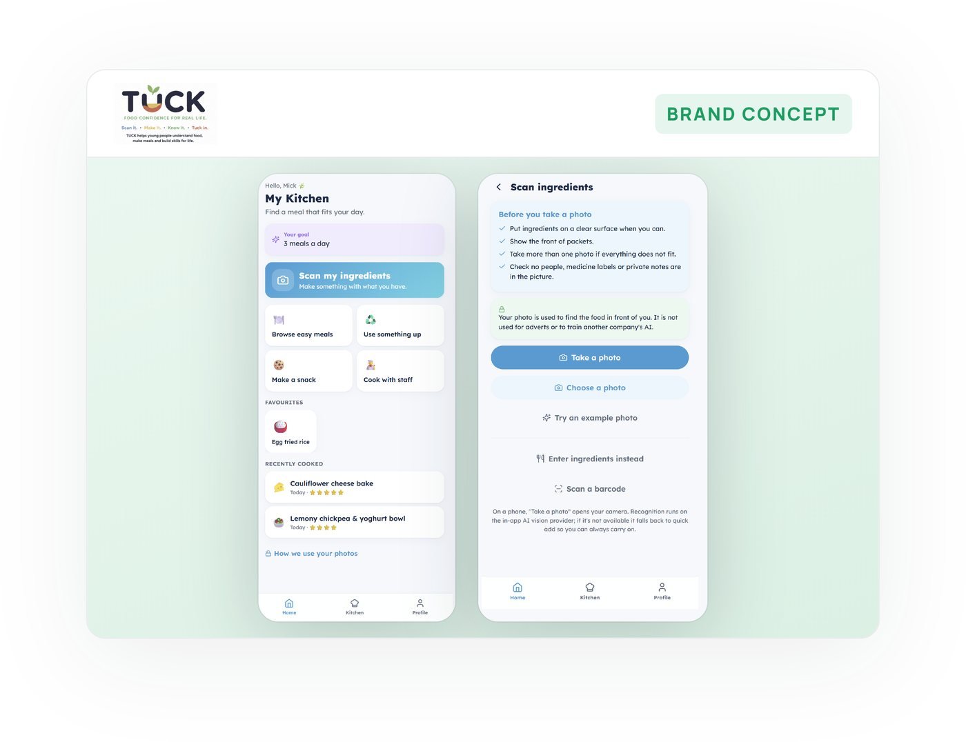 The Tuck app concept, showing the My Kitchen view and the scan-ingredients flow that turns available food into meal suggestions.